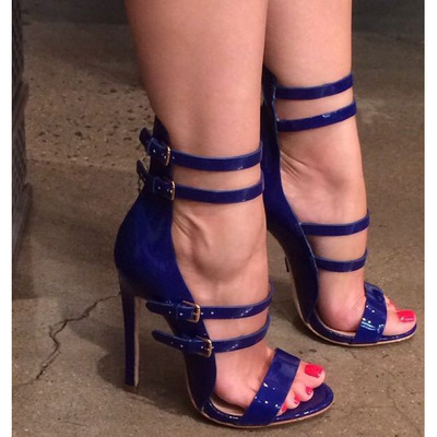 Simple Open Toe Ankle Straps Stiletto High Heel Blue Party Sandals Q-0042