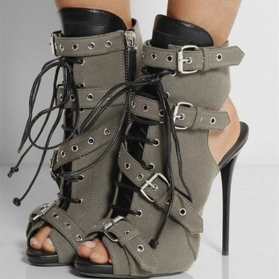 Canvas Hasp Straps Stiletto Heel Peep-toe Ankle Boot High Heel Sandals Q-0048