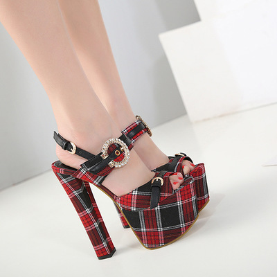 Hasp Plaid Peep Toe Platform Super High Stiletto High Heel Sandals Q-0049