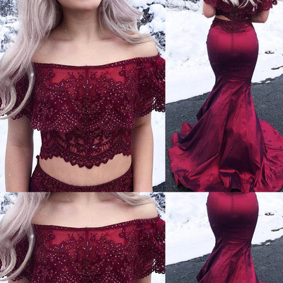 Elegant two pieces,off the shoulder mermaid,burgundy long prom dresses - Thumbnail 5
