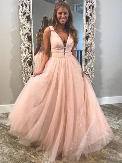 Sparkly Prom Dresses A-Line Pink Cheap Rhinestone Long Prom Dress Evening Dress