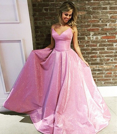 A-Line Spaghetti Straps Sleeveless Sweep Train Pink Sequined Prom Dress