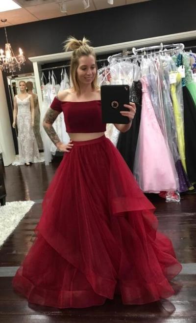 Off the Shoulder Two Piece Red Long Prom Dresses