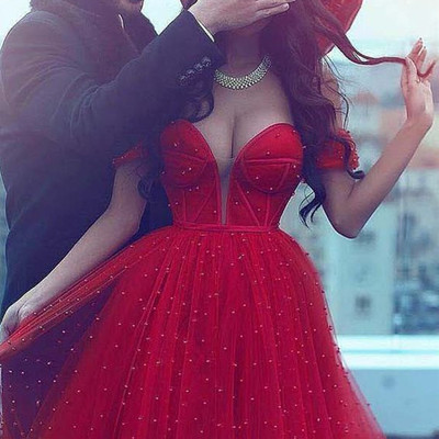 A-line off-the-shoulder court train dark red tulle prom dress - Thumbnail 5