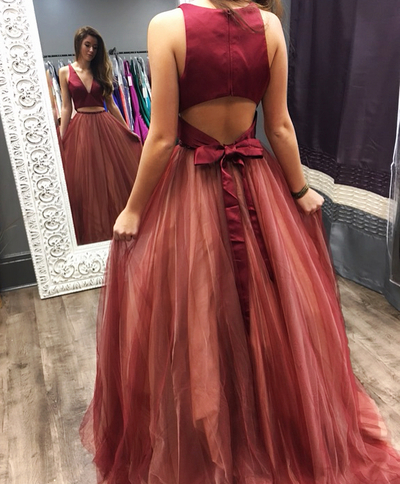 Princess Two Piece Burgundy Long Prom Dress