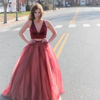 Princess Two Piece Burgundy Long Prom Dress - Thumbnail 1