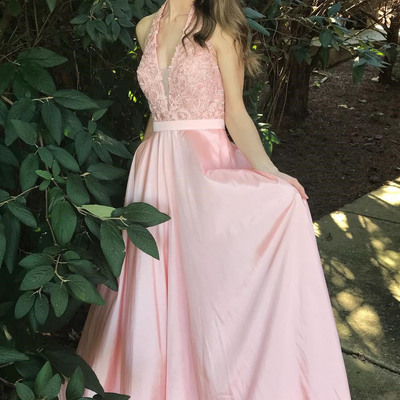 Elegant halter v neck pink long prom dress white halter prom dresses - Thumbnail 5