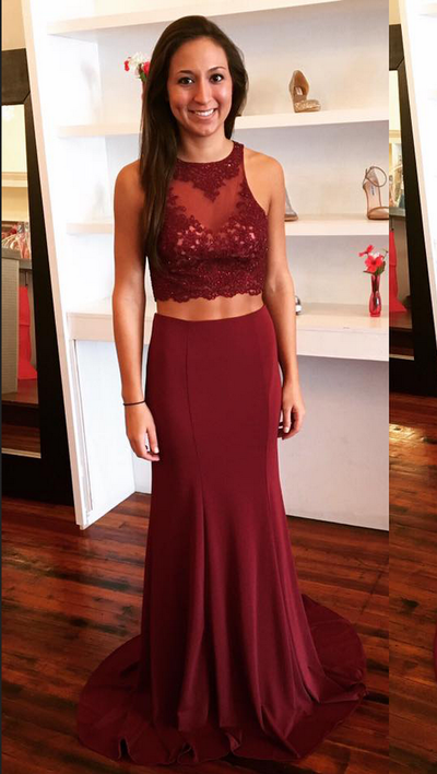 Burgundy Jersey 2 Pieces Prom Dresses,Sweep Train Open Back Prom Gowns