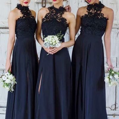 A-line high neck navy blue chiffon bridesmaid dress with lace split - Thumbnail 5