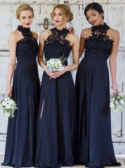 A-Line High Neck Navy Blue Chiffon Bridesmaid Dress with Lace Split