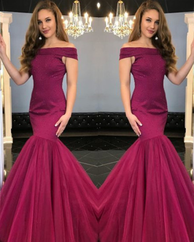 Luxurious Off Shoulder Marron Mermaid Long Prom Dress