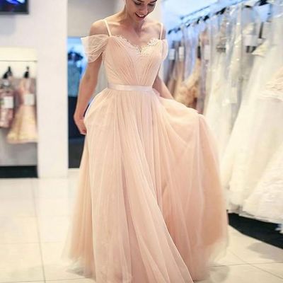 Fabulous tulle spaghetti straps neckline sweep train a-line prom dresses with appliques - Thumbnail 5