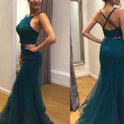 Two piece mermaid prom dresses halter floor-length lace long sexy prom dress - Thumbnail 5