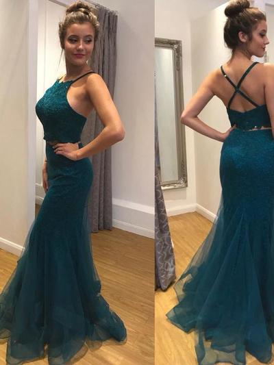 Two Piece Mermaid Prom Dresses Halter Floor-length Lace Long Sexy Prom Dress