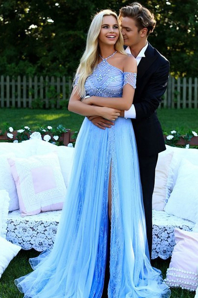 Sky Blue Halter Unique Long Prom Dresses Long Beading Evening Party Dress