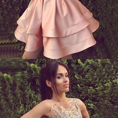 Cute round neck lace pink short prom dress, pink cute homecoming dresses - Thumbnail 4