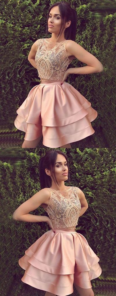 Cute round neck lace pink short prom dress, pink cute homecoming dresses
