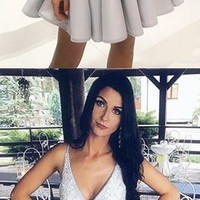 V-Neck A-line Homecoming Dresses Short Graduation Dress with Appliques - Thumbnail 1