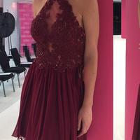 Sexy Backless Halter Chiffon Short Cheap Dark Red Homecoming Dresses - Thumbnail 1