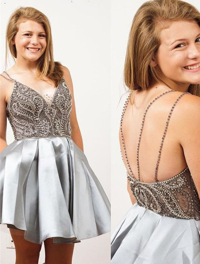Sexy Spaghetti Straps A-Line Backless Mini Homecoming Dress with Beading
