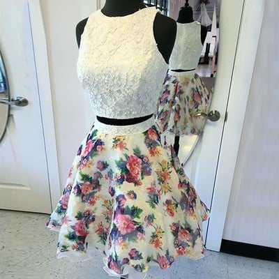 Two piece round neck short ivory printed chiffon homecoming dress with lace - Thumbnail 5