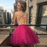 A-Line Deep V-Neck Open Back Short Fuchsia Prom Dress with Embroidery - Thumbnail 1