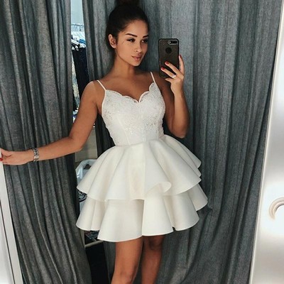 A-Line Spaghetti Straps White Short Homecoming Prom Dress with Appliques