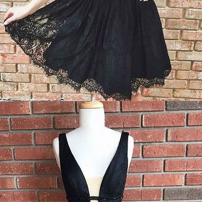 Cute black lace homecoming dress,short v neck party dresses,short prom dresses - Thumbnail 5