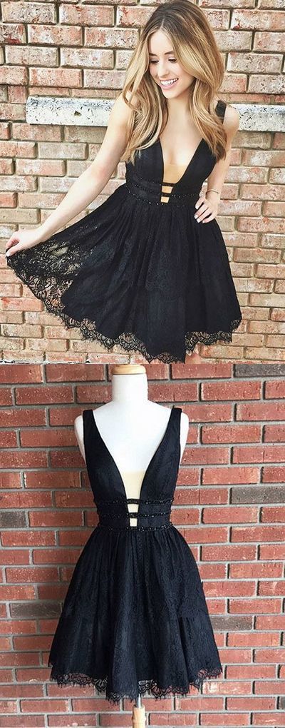 Cute Black Lace Homecoming Dress,Short V Neck Party Dresses,Short Prom Dresses