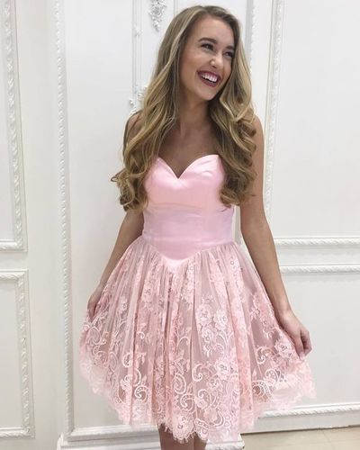 Sweetheart Short Pink Lace Homecoming Dresses 2018