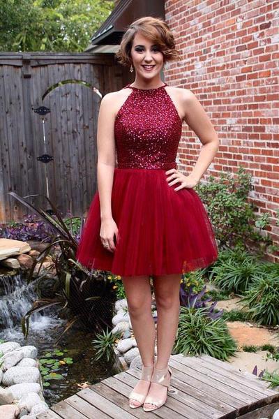 Beaded Bodice Halter Burgundy Tulle Homecoming Dresses,Open Back Short Formal Dresses