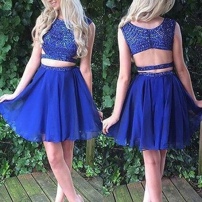 A-line two piece royal blue chiffon homecoming dress with beading - Thumbnail 3