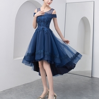 Dark blue lace tulle short prom dress, high low evening dress - Thumbnail 1