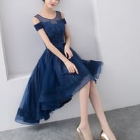 Dark blue lace tulle short prom dress, high low evening dress - Thumbnail 2