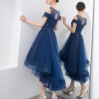 Dark blue lace tulle short prom dress, high low evening dress - Thumbnail 3