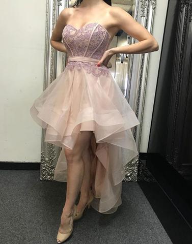 Cute high low lace tulle prom dress, lace evening dress