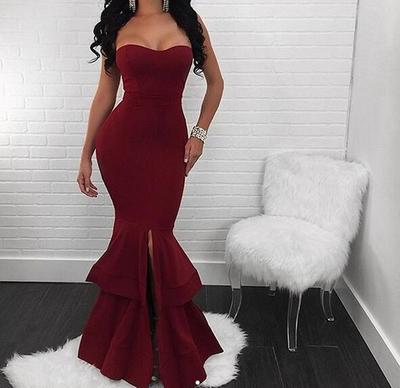 Simple Mermaid Wine Red Burgundy Prom Dresses Strapless Sleeveless Evening Formal Gowns