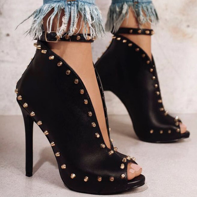 Rivets Ankle Strap PU Stiletto Heel Peep-toe High Heel Sandals QQ-0052