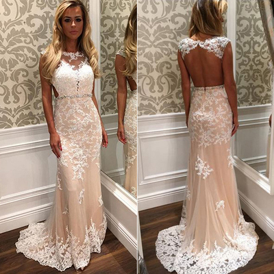 Champagne Backless Lace Long Prom Dresses with appliques