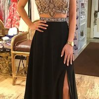 Fashion Elegant Two Piece Black Beading V Neck Cap Sleeve Open Back Prom Dress with Split, Evening Formal Dress - Thumbnail 1