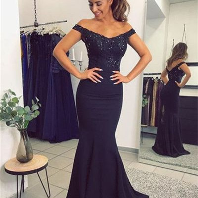 V neck long navy blue mermaid evening dresses,lace off the shoulder prom dress - Thumbnail 5