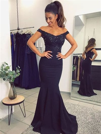 V Neck Long Navy Blue Mermaid Evening Dresses,Lace Off The Shoulder Prom Dress