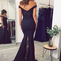 V Neck Long Navy Blue Mermaid Evening Dresses,Lace Off The Shoulder Prom Dress - Thumbnail 1