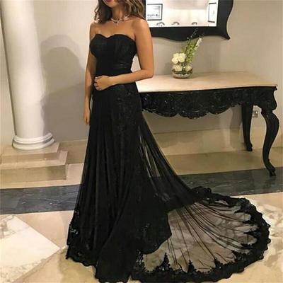 Black lace mermaid charming prom dress with court train , sweetheart simple modern prom dresses - Thumbnail 5