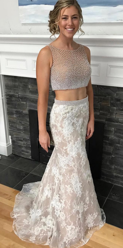 Two Piece Mermaid Lace Prom Dresses Pearls Beaded Bodice Formal Gowns