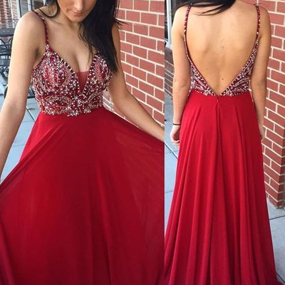 Sexy red chiffon beaded rhinestone prom dresses a-line backless deep v neck formal party dress - Thumbnail 5