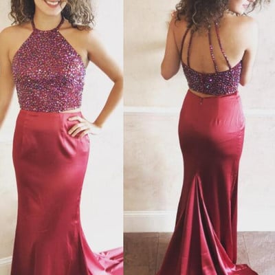 Dark red two piece mermaid long prom dress with beading - Thumbnail 5