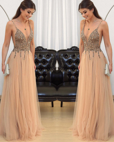 Sexy Deep V Neck Sleeveless Prom Dresses Beads Crystal Evening Dress