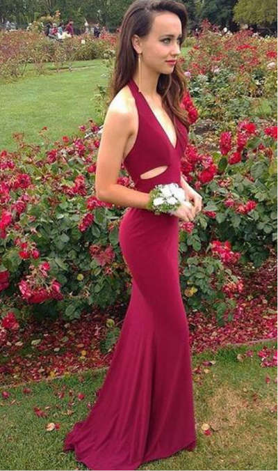 Sexy Halter Burgundy Deep V Neck Mermaid Long Prom Dresses Evening Party Dress
