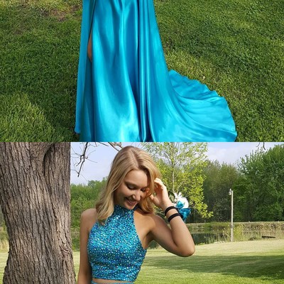 Two pieces sexy halter prom dress side slit party dress beading evening dress - Thumbnail 5